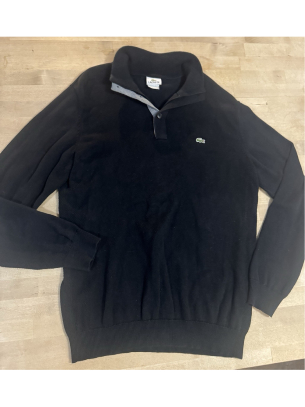 Lacoste Men M /5 Button Mock Collar Pullover Black Sweater Logo Classic Golf